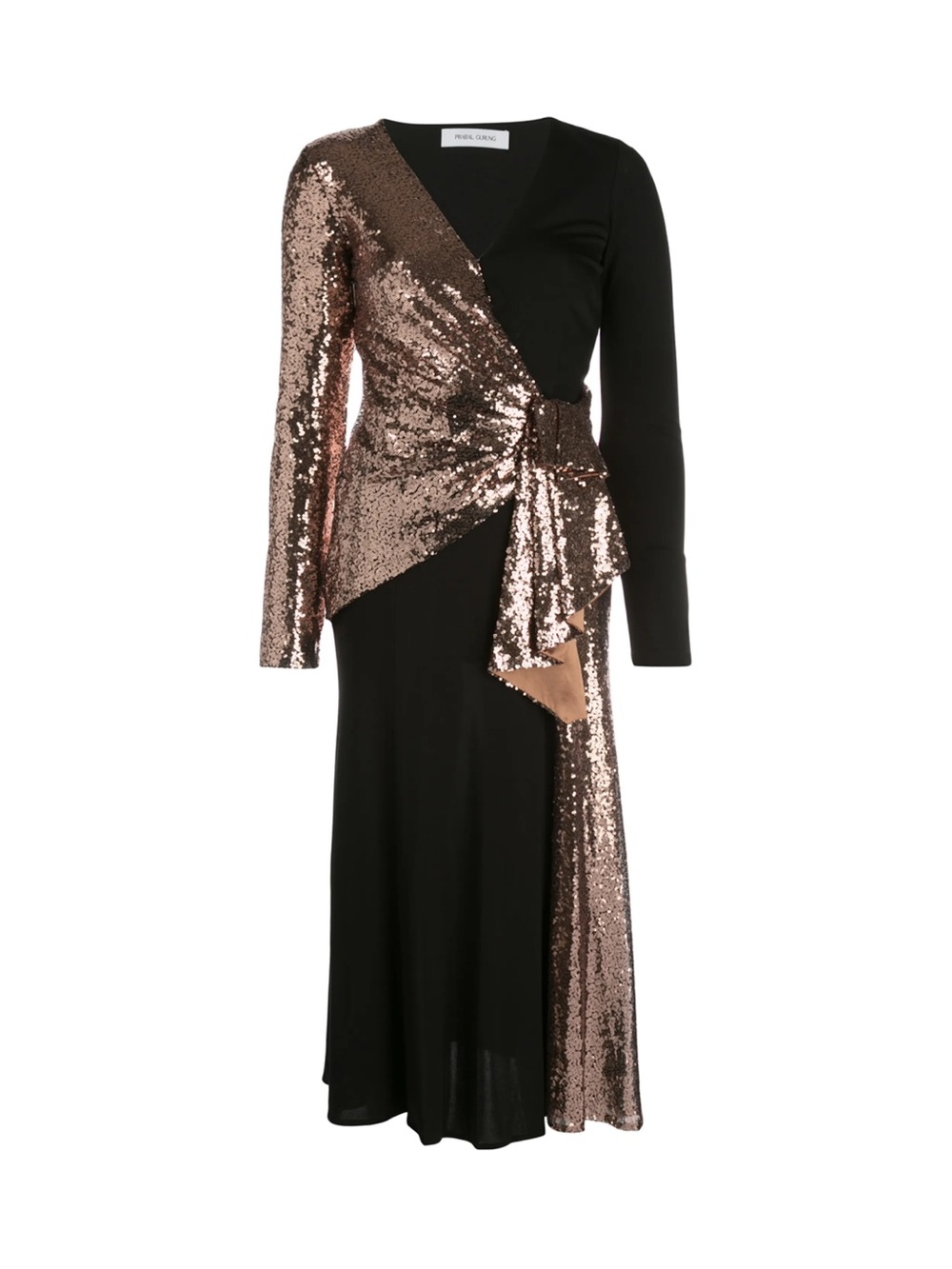 Pinko Black and Rose-Gold Sequin Wrap-Effect Long Sleeve Midi Dress